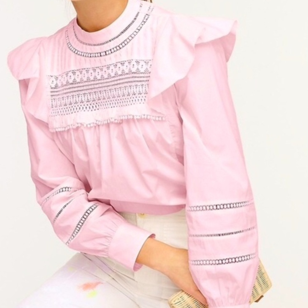J. Crew Pink Ruffle Embroidered Top M